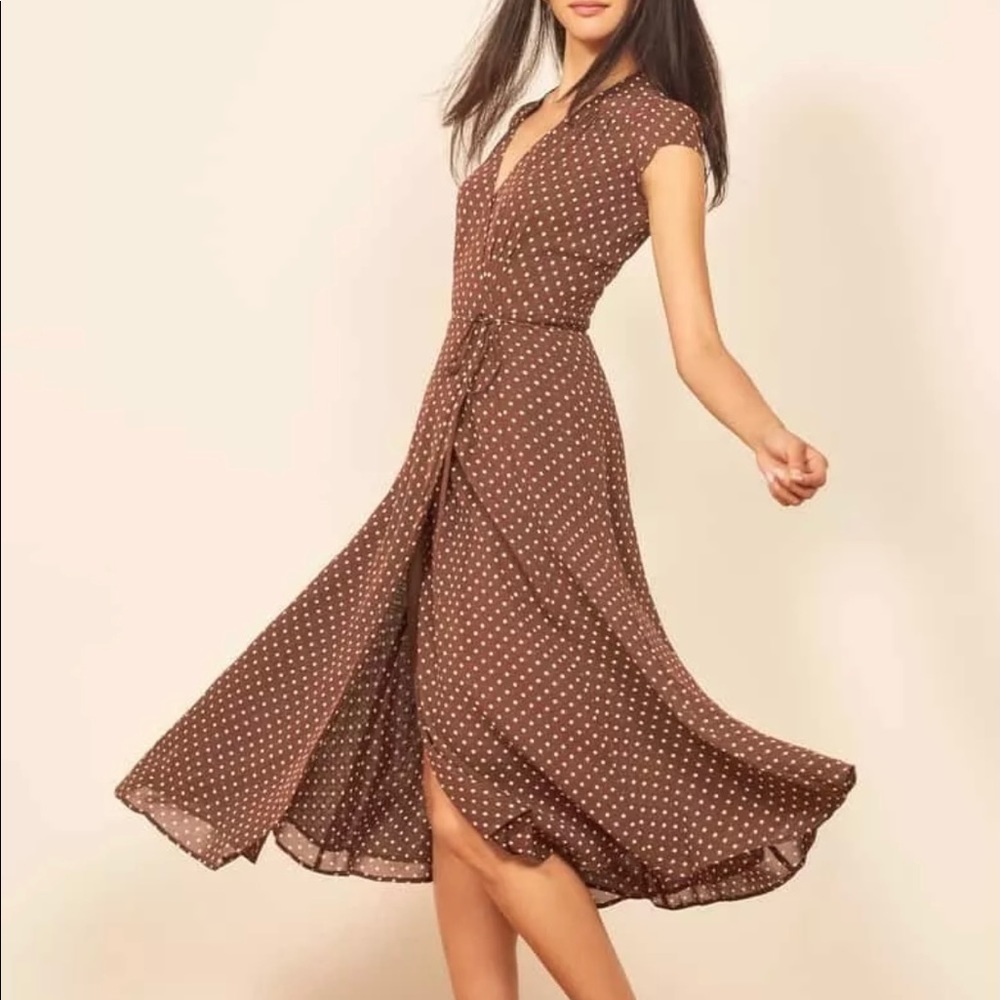 Reformation Carina Brown Polka Dot Dress
